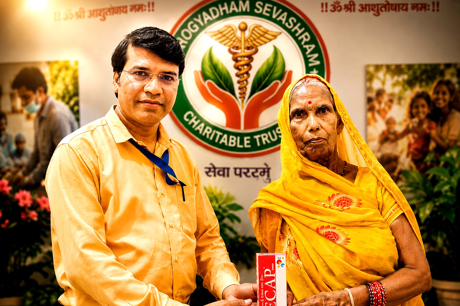 Dr. Rajesh Kumar Maurya handing free medicine to an elderly woman at an Arogyadham Sevashram camp