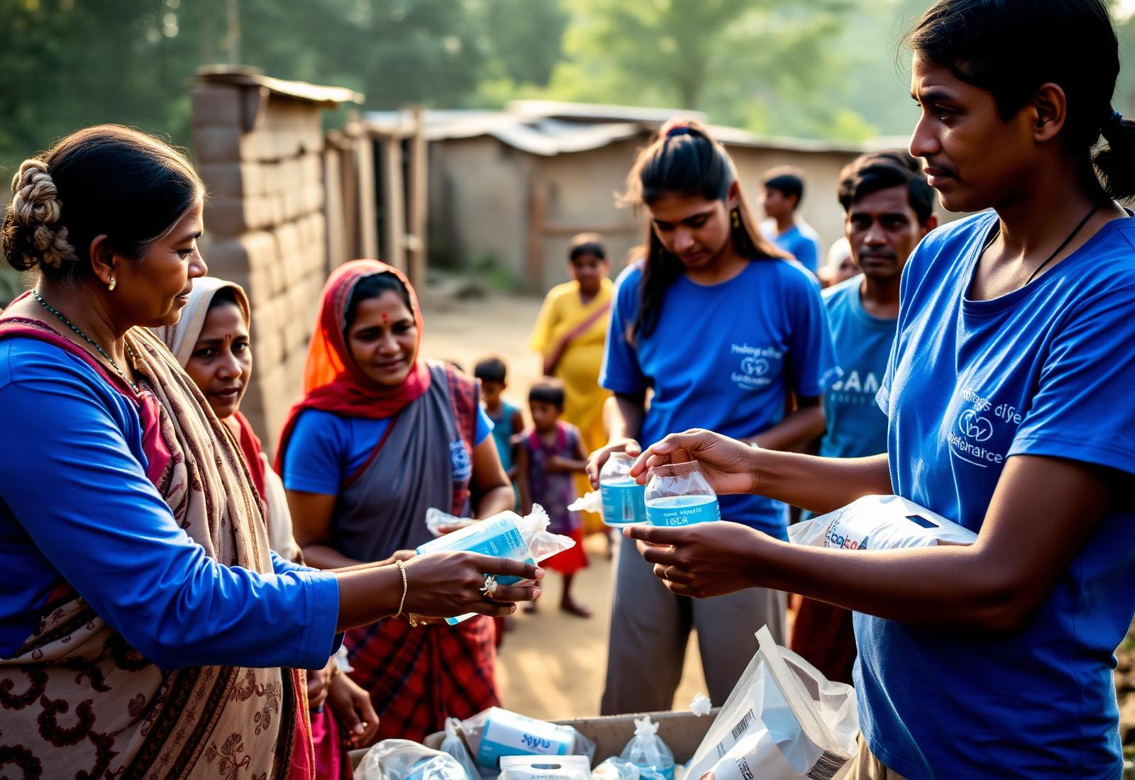 Volunteers distributing water